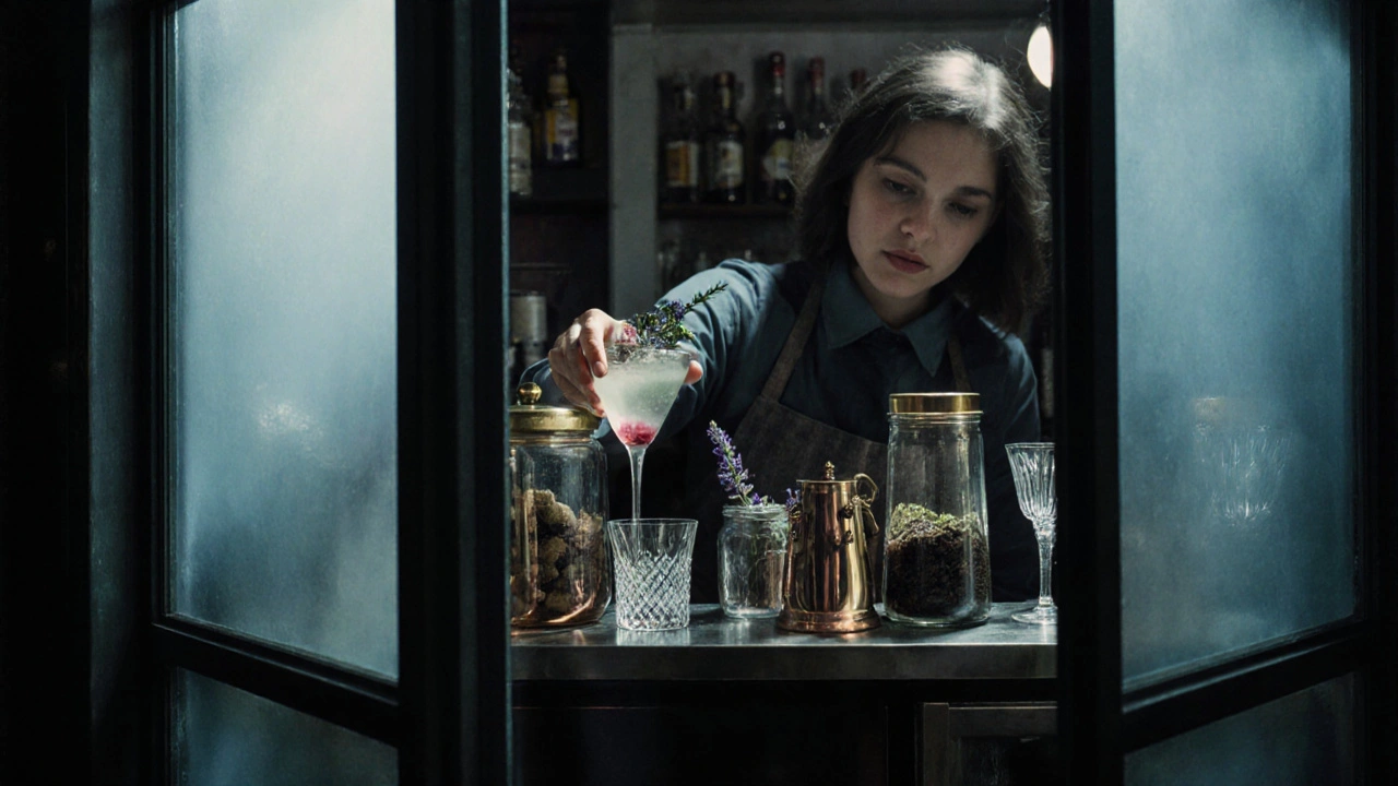 A bartender crafting a cocktail with wild rosehips and Dutch lavender in a hidden canal house speakeasy.
