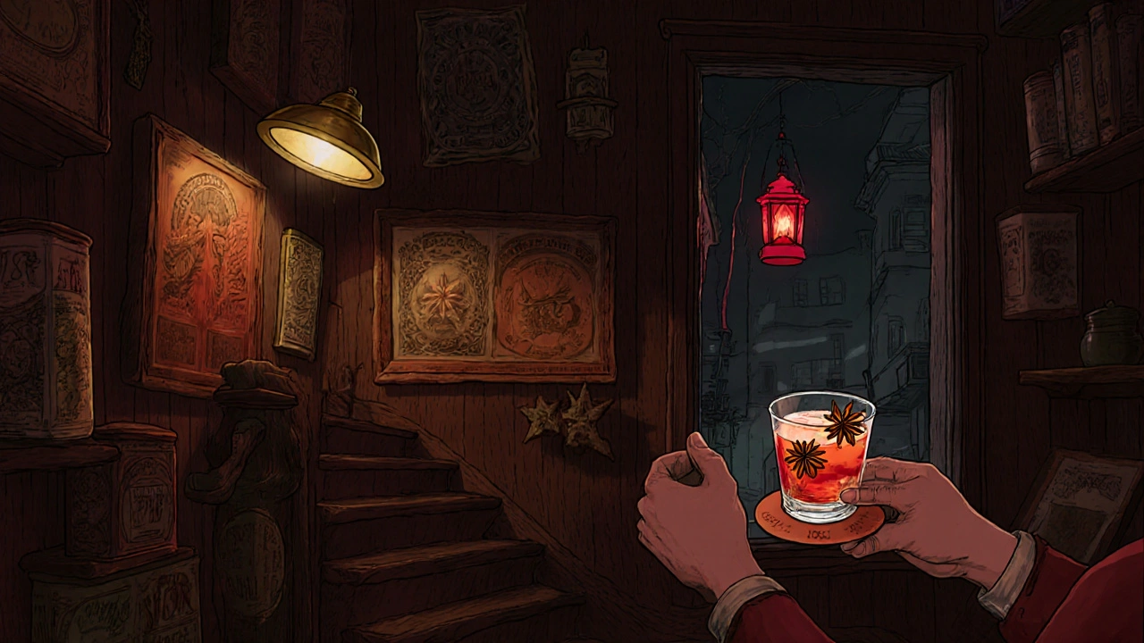 A guest receiving a Spice Route Negroni in a ceramic cup at a hidden basement bar lit by a single lamp.