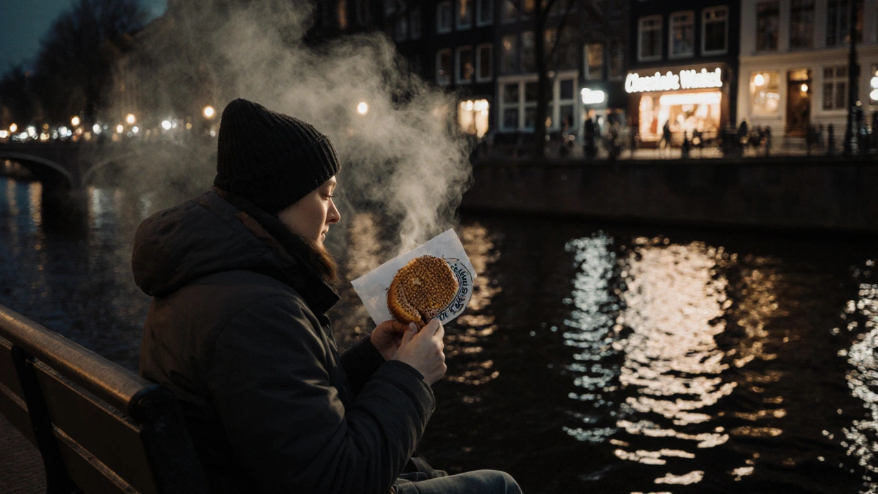 A solitary traveler enjoying a stroopwafel on a riverside bench in Amsterdam, lights reflecting on the water.