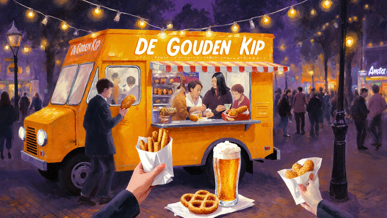 A yellow food truck serving chicken croquettes and spicy fries near Leidseplein at night, with customers enjoying snacks.