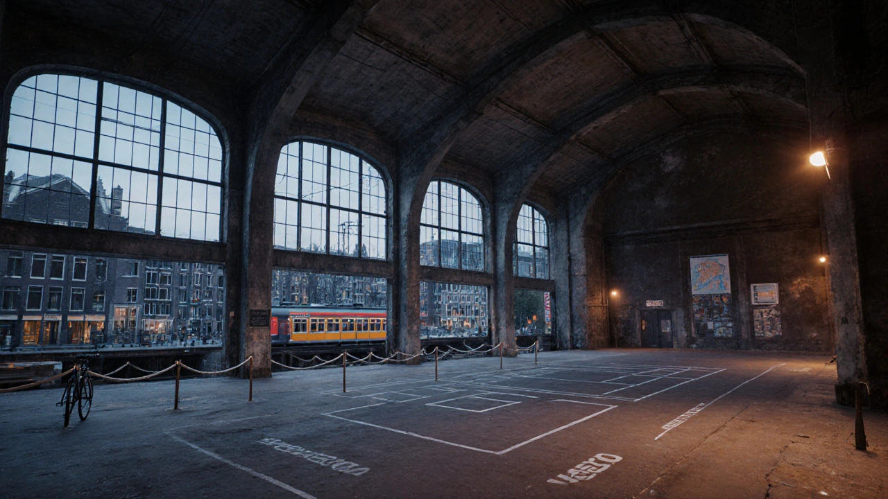 Abandoned warehouse near canals in Amsterdam‑Noord prepared for a techno venue.