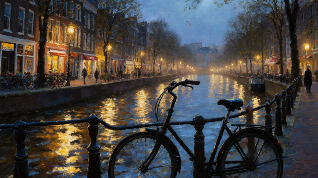 Bicycle parked near canal with glowing reflections after a night at Melkweg.