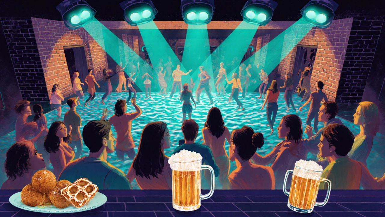 Club interior with pulsing LED lights, dancing crowd, and Dutch snacks at the bar.
