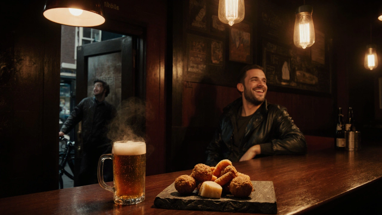 Cozy bar interior with bitterballen, cheese sticks, and a craft beer on the counter.