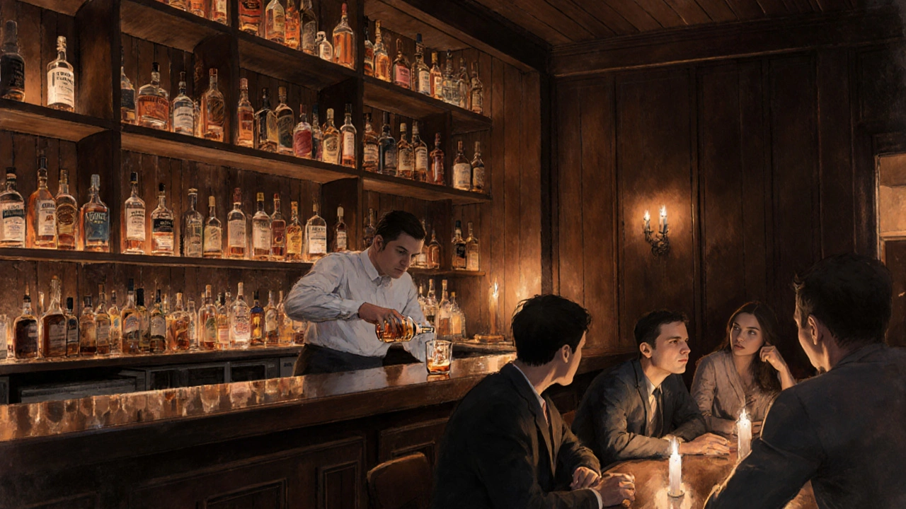 Cozy wood‑panelled whiskey bar interior with patrons sampling drinks.