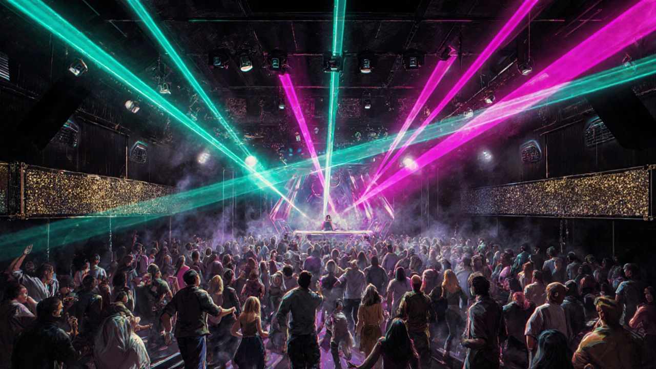 Crowd dancing under colorful laser beams on Melkweg's club floor.