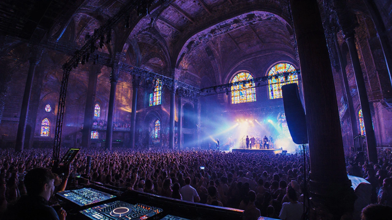 Crowded Main Hall interior with DJ booth, band stage, and illuminated vaulted ceiling.