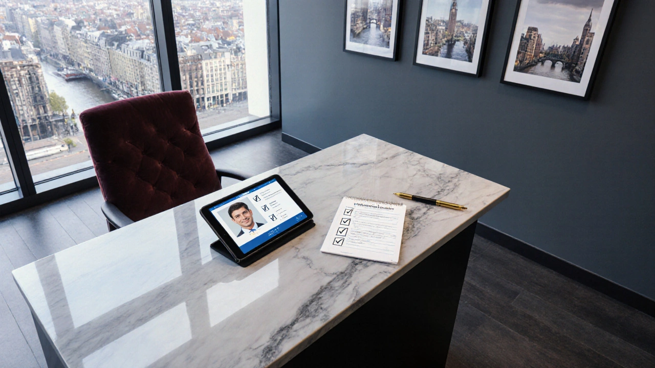 Elegant agency office with tablet showing verified profile and checklist.