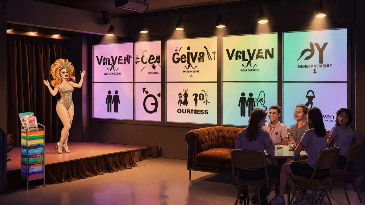 Inside a queer‑friendly club showing drag performance and rainbow‑signage panels.