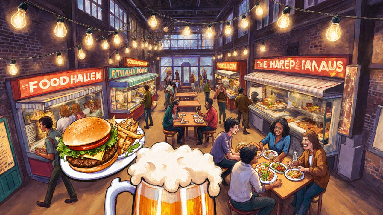 Inside Foodhallen with communal tables, diverse dishes, and friends sharing a meal.