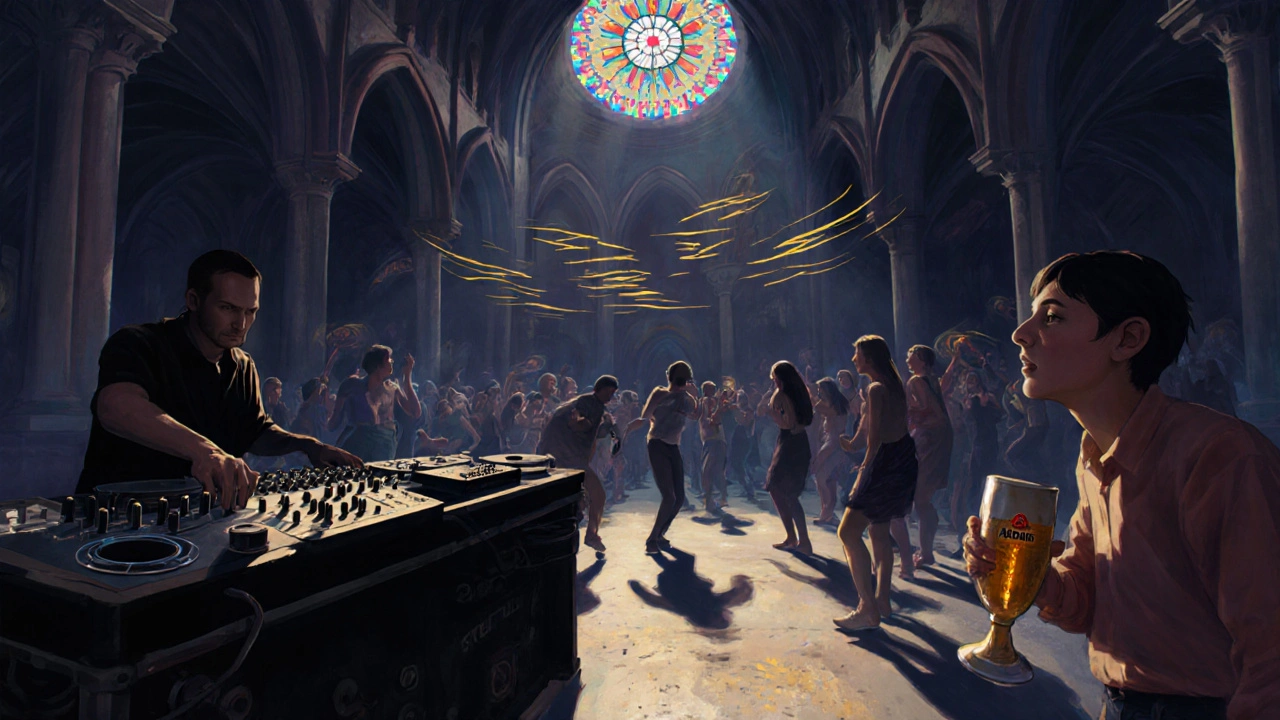 Inside Paradiso during a late-night set, patrons dancing under colored light from stained glass as sound ripples through the air.