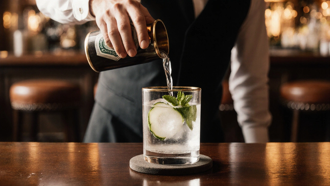 Inside Vesper Bar, bartender preparing a Hendrick's G&T with cucumber‑mint tonic.