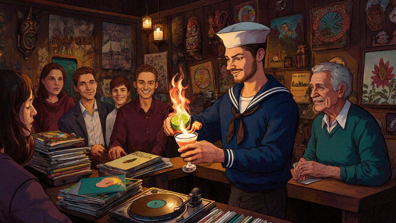 Intimate tiki lounge with vintage mugs and a flaming cocktail, patrons relaxing among vinyl records.