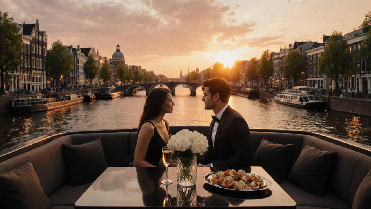 Luxurious yacht lounge with couple, champagne, and sunset city skyline.