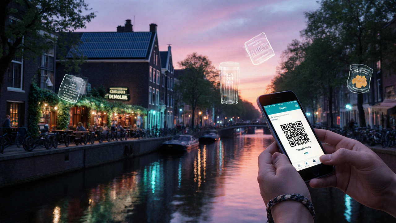 Modern sustainable crawl with smartphone QR check‑in by a green brewery.