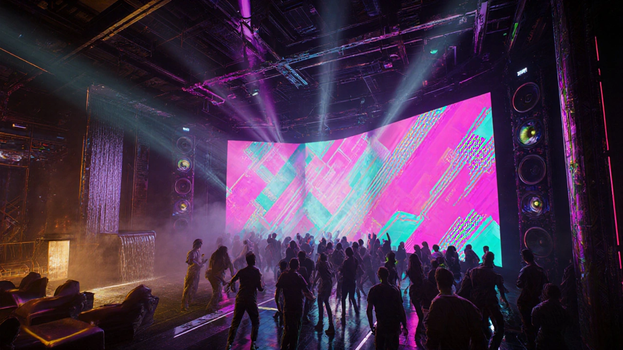 Neon‑lit interior of a techno club with LED walls, dance floor, and chill‑out lounge.
