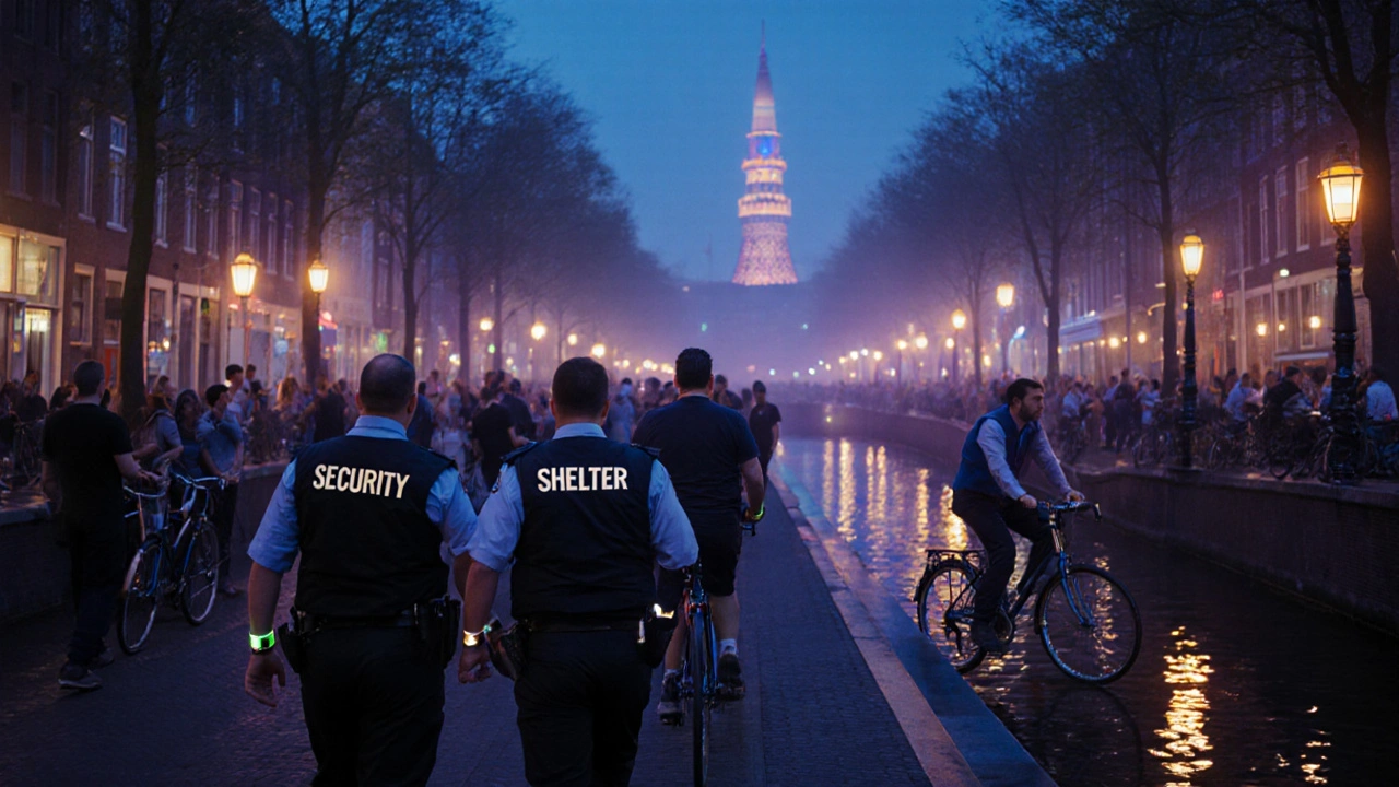 Night street outside a venue with security, RFID wristbands, cyclists, and canal reflections.