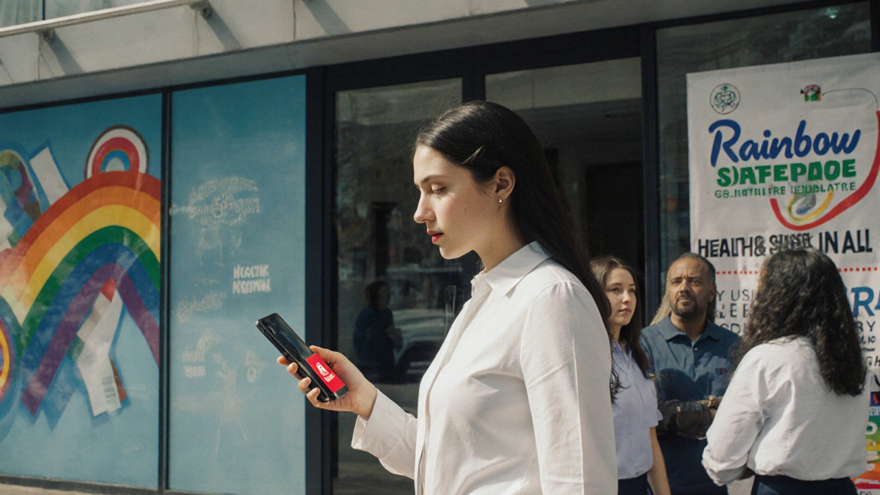 Trans sex worker using a panic‑button app outside a community centre with rainbow mural.
