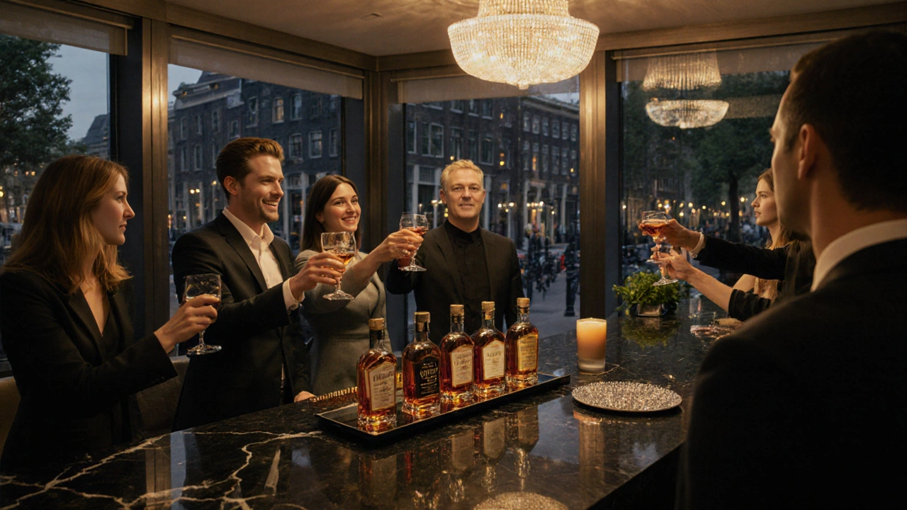 Upscale lounge near Museumplein where a group enjoys Dutch whisky tasting.