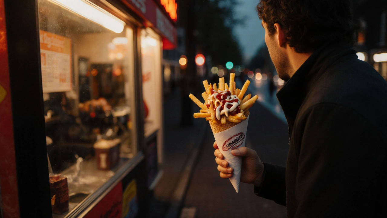 Vleminckx fry stand glowing at night, a cyclist holding a loaded fry cone.