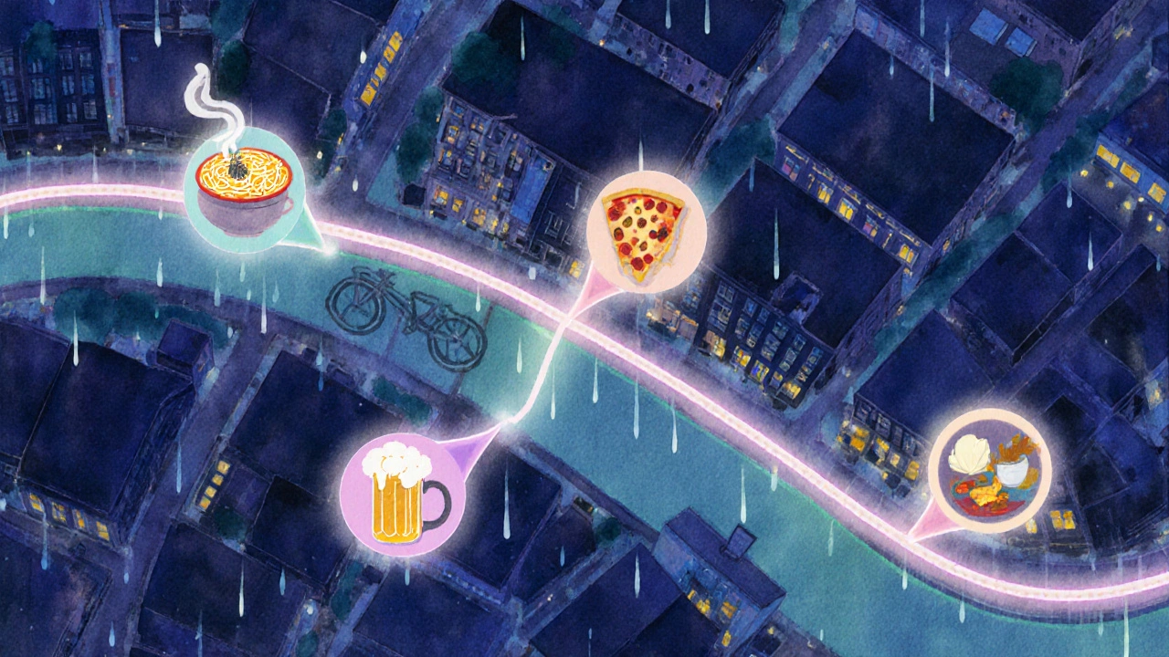 Watercolor map showing a bike route linking five late‑night food spots in Amsterdam.
