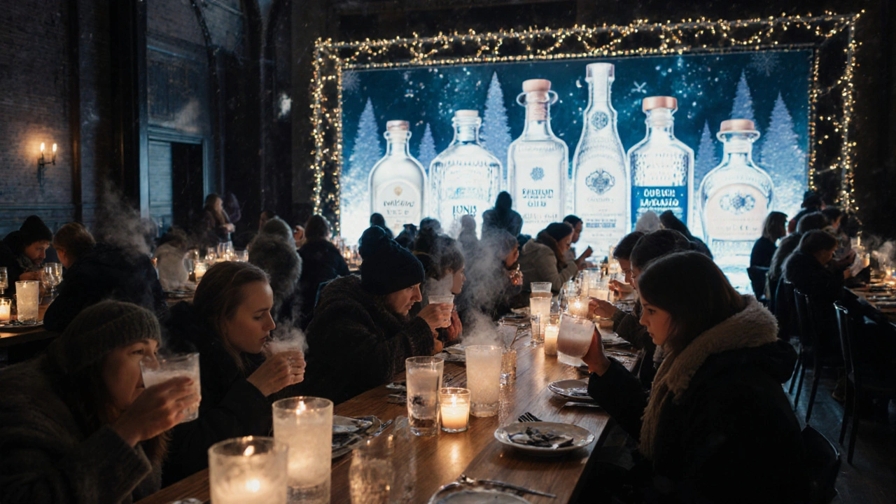 Winter Gin Festival hall with guests tasting gins and steaming gin toddies.
