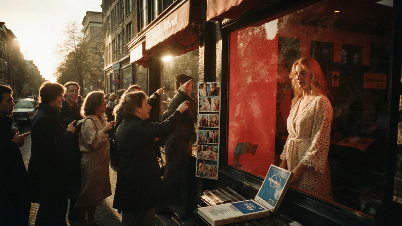 1990s tourists buying postcards near red-lit windows in Amsterdam&#039;s historic district.