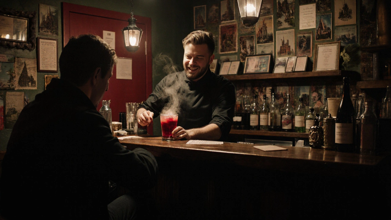 A bartender crafting a unique seasonal drink behind a hidden red door lined with vintage postcards.