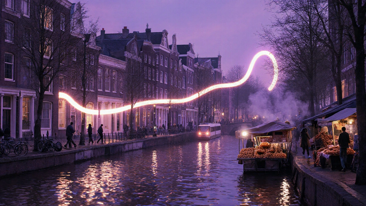 A bassline flows through Amsterdam’s canals and warehouses at dawn, connecting underground clubs in a quiet, glowing network.