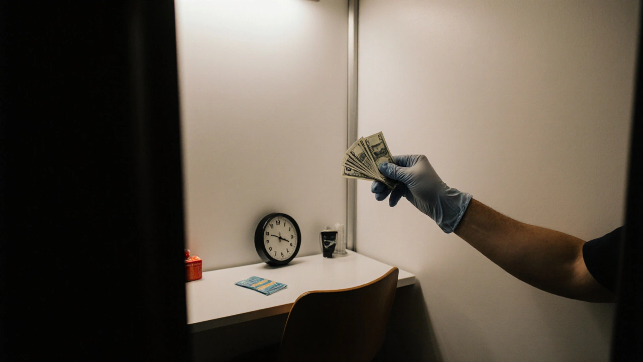 A close-up of cash being handed into a Red Light District room, with a condom wrapper and clock visible on the table.