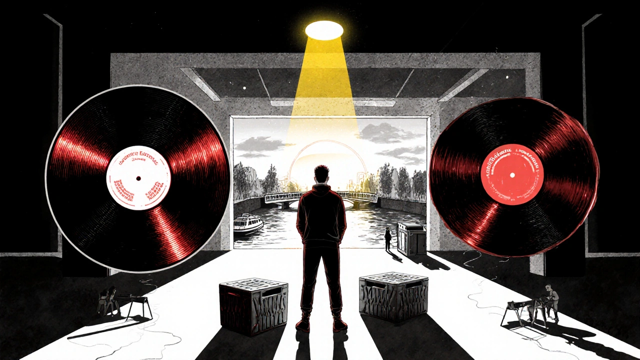 A DJ surrounded by floating vinyl records emitting glowing melodies, with a river flowing through the floor.