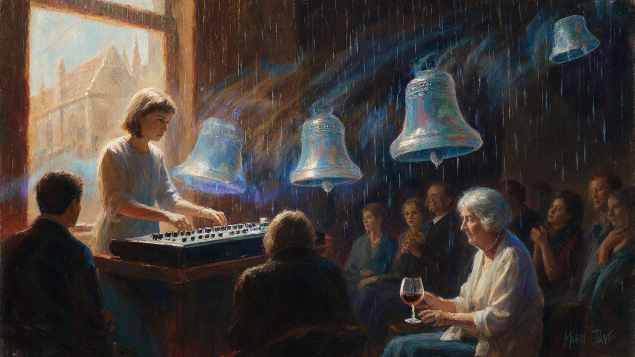 A female DJ surrounded by floating sounds of water, bells, and rain, in a hushed, amber-lit room.