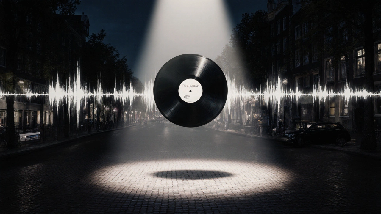 A floating vinyl record hovers above an empty dance floor at 3:30 AM, surrounded by fading echoes of Amsterdam&#039;s city rhythms.