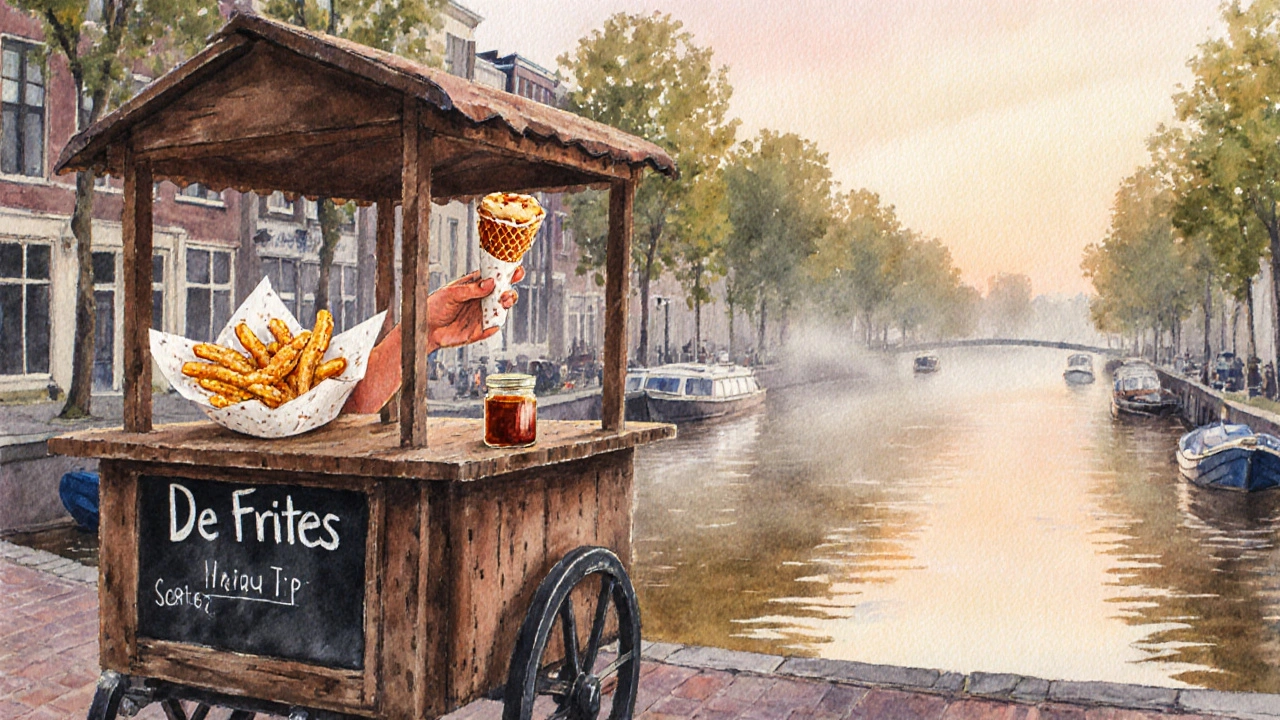 A fries cart by the river at dawn, serving golden fries with sauce, as morning light touches the water.