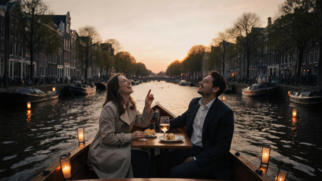 A private boat ride at sunset on Amsterdam&#039;s canals, with two people enjoying wine and quiet company.