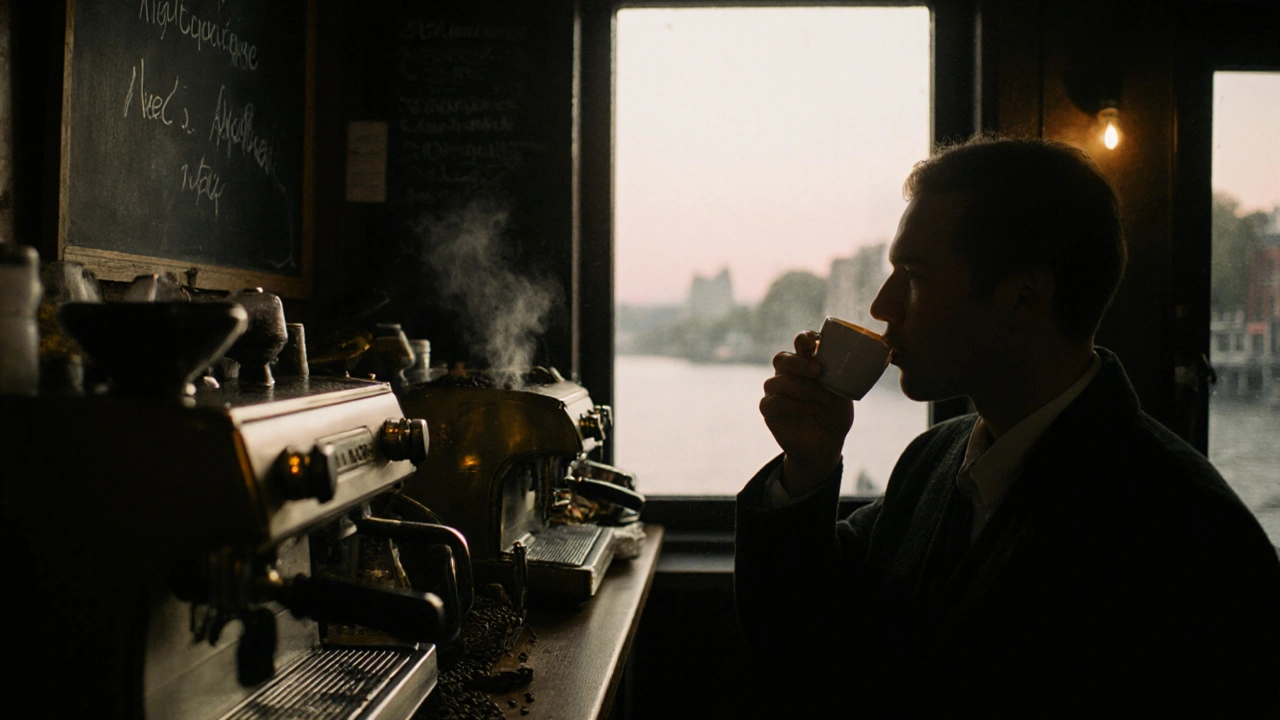 A quiet coffee bar at dawn, with a customer sipping espresso and advocaat by a steaming machine.