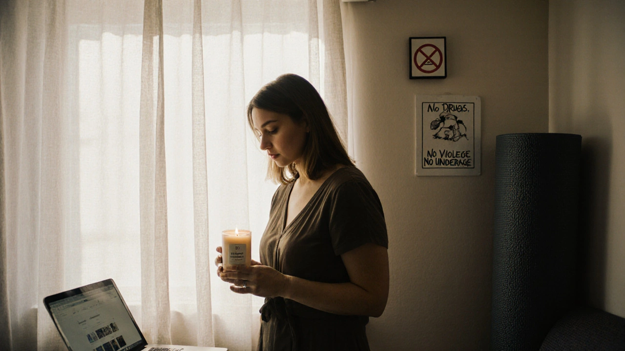 A sex worker in her apartment holding a handmade candle, yoga mat in background, morning light streaming in.