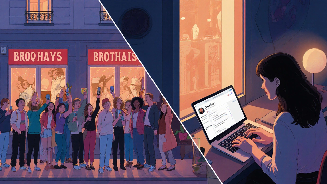 A sex worker works remotely from an apartment, screen glowing with an online profile, contrasting the crowded street behind her.