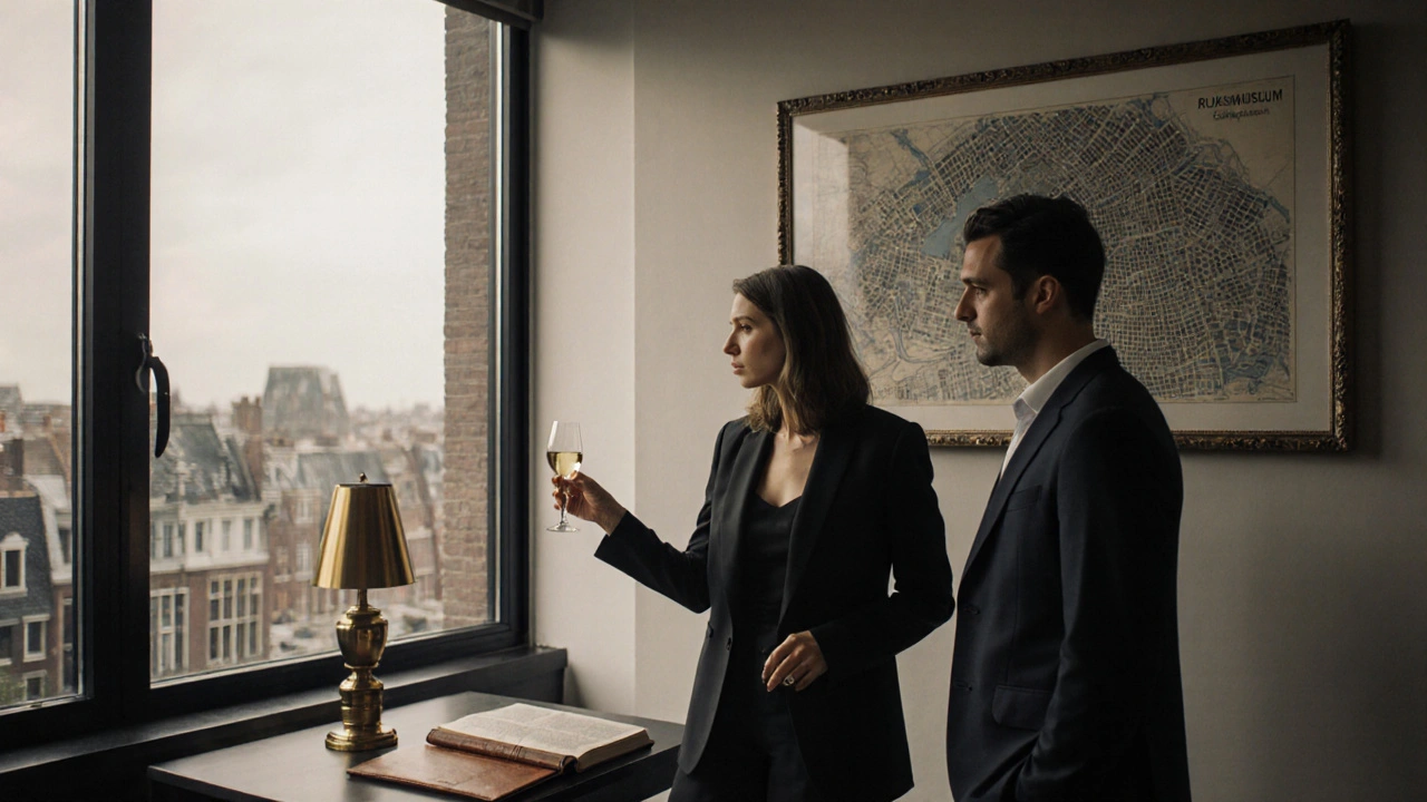 A sophisticated woman and man engage in thoughtful conversation in a refined Amsterdam apartment.