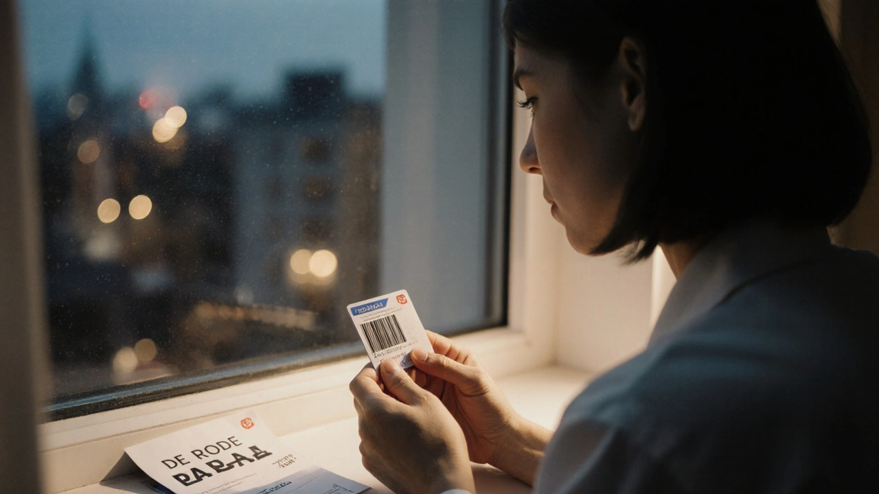 A woman in a window holding a government-issued ID card, with a support pamphlet beside her.
