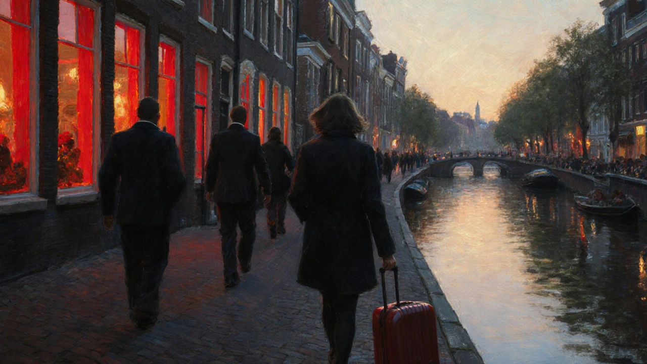 A woman walks away from the Red Light District at dawn, suitcase in hand, leaving behind glowing windows and shadowy tourists.