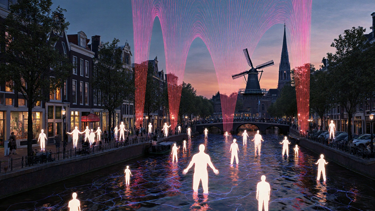 Abstract map of Amsterdam&#039;s music scene as interconnected waterways, sound waves rising, diverse figures united in song.