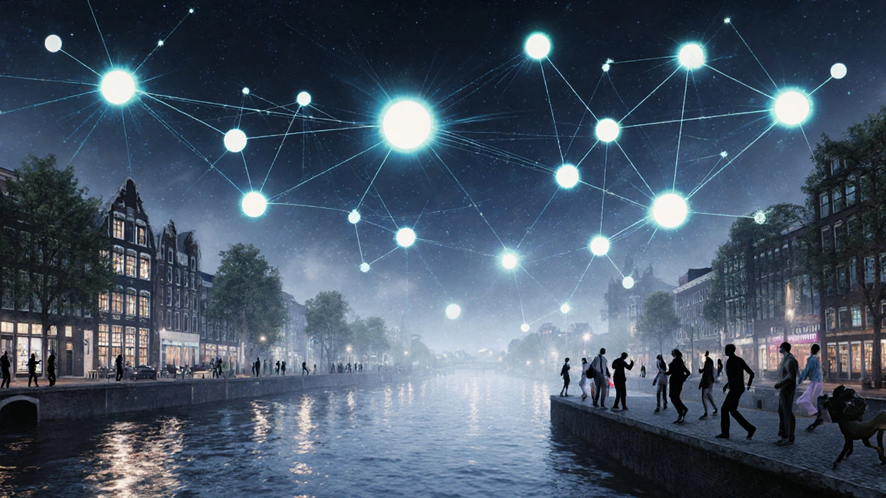 Abstract network of glowing connections between Amsterdam’s iconic techno venues at night.