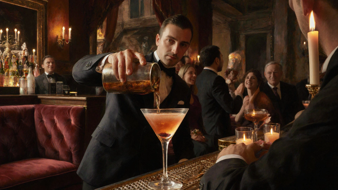 An elegant cocktail being poured into a coupe glass under candlelight in a sophisticated canal-side lounge.