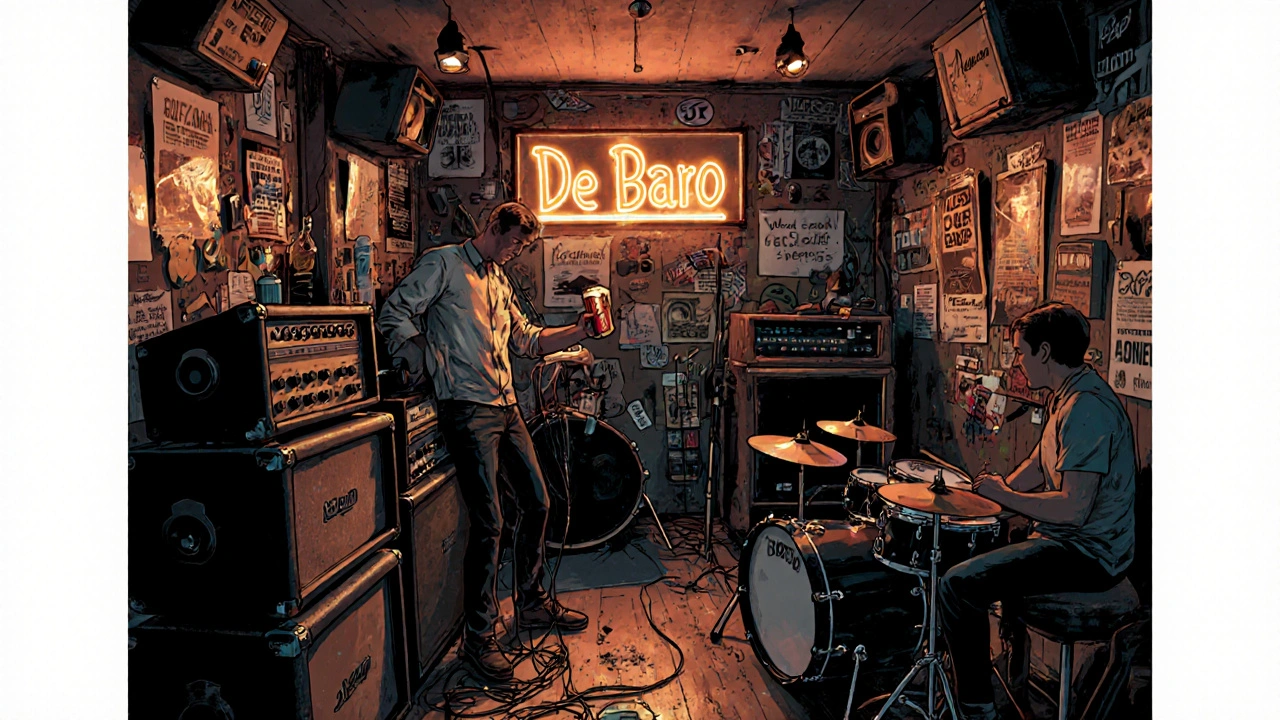 Backstage at De Baro, musician receiving beer from bartender, amps and DIY gear in cluttered room with neon sign glow.