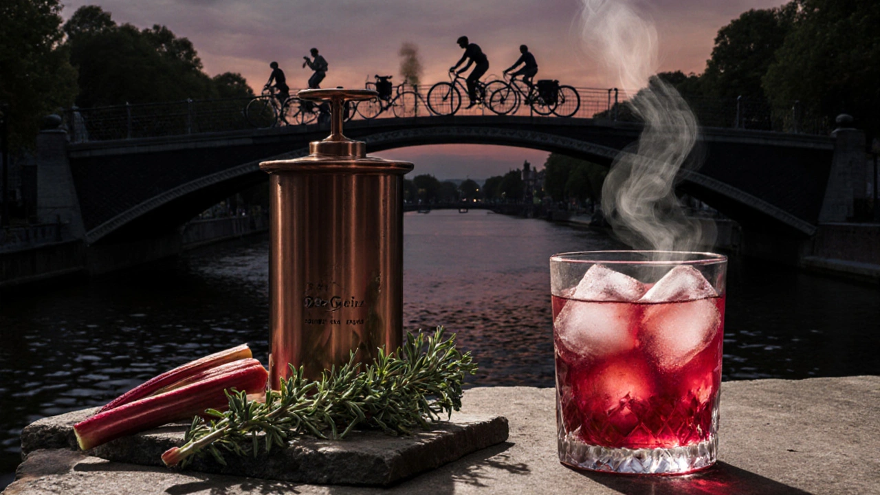 Bartender pressing rhubarb under a bridge, serving a red cocktail with wild thyme and ice made from Amstel water.