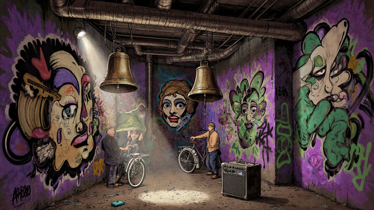 Basement art space with murals and sound sculptures triggered by movement.