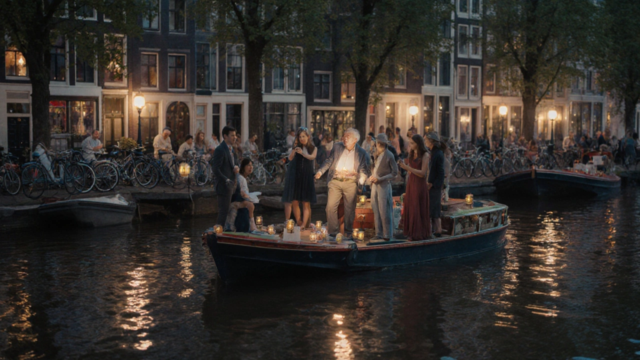 Canal boat party at night with an elderly man listening to a classic Dutch song as others watch quietly.