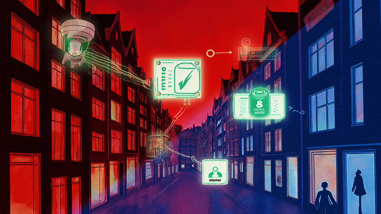 Conceptual map of Amsterdam&#039;s Red Light District showing hidden safety systems and support pathways.