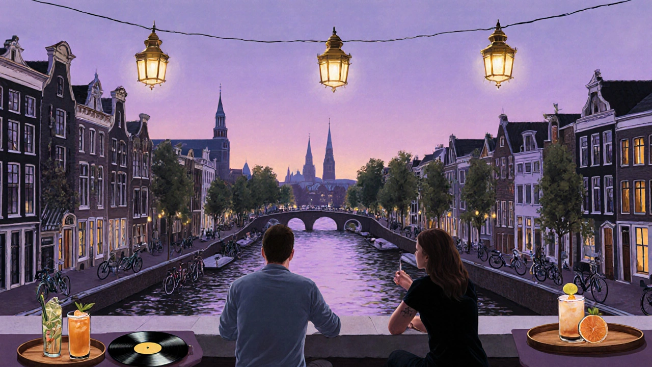 Couples enjoying quiet cocktails on De Drie Graefjes rooftop with jazz and canal lights at twilight.